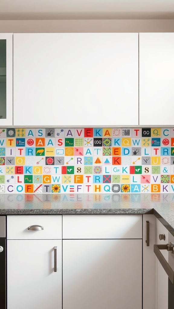 Colorful tile backsplash featuring letters and symbols in a modern kitchen setting.