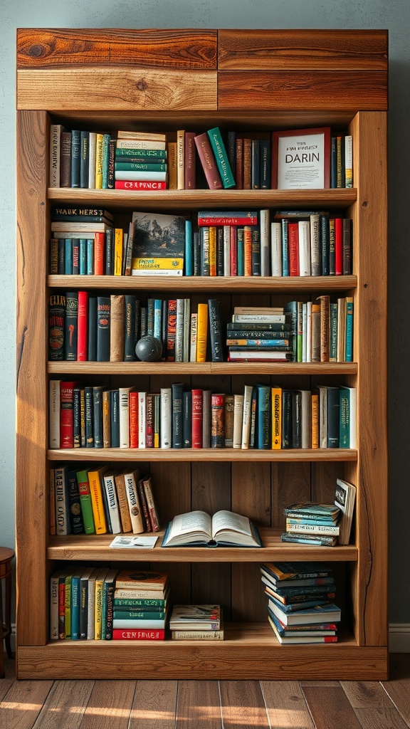 A wooden bookshelf filled with colorful books and an open book on the shelf