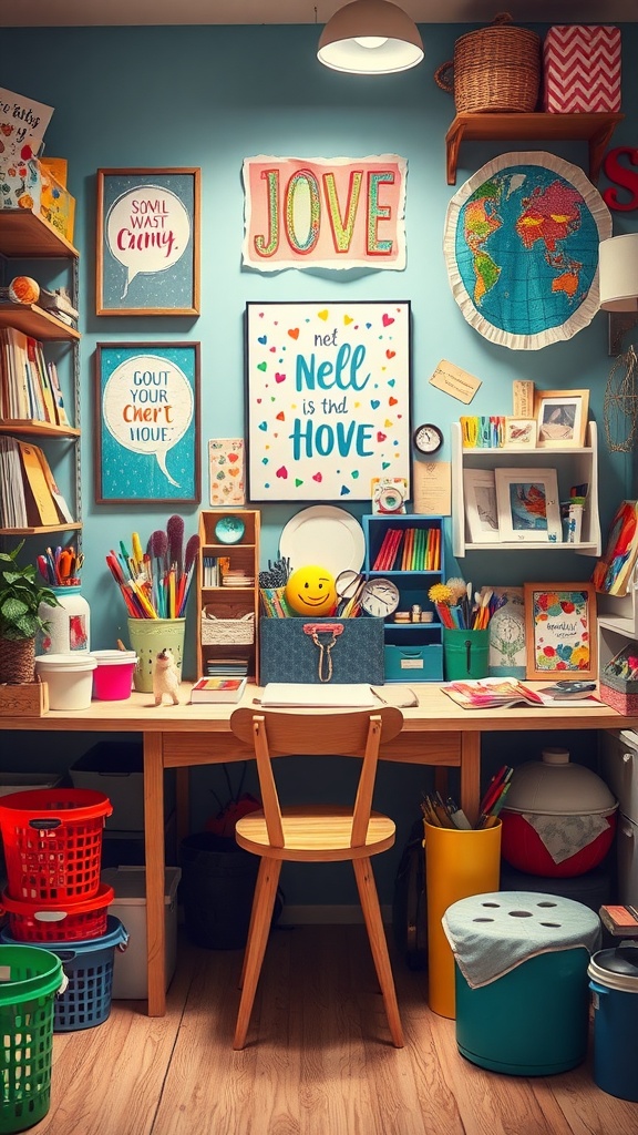 A colorful crafting corner with a desk filled with supplies, cheerful wall art, and organized storage.