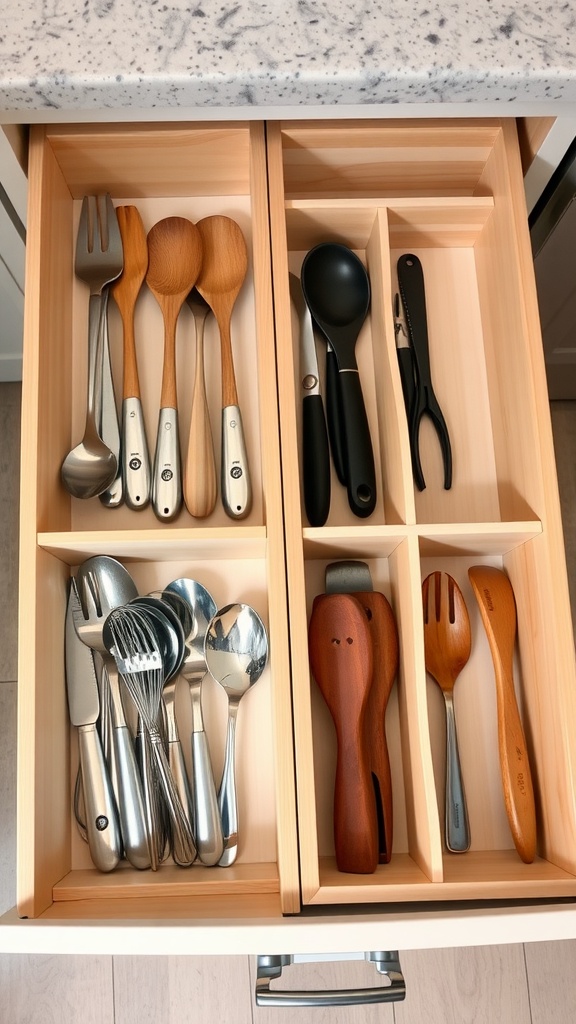 A kitchen drawer with wooden and stainless steel utensils organized with dividers.