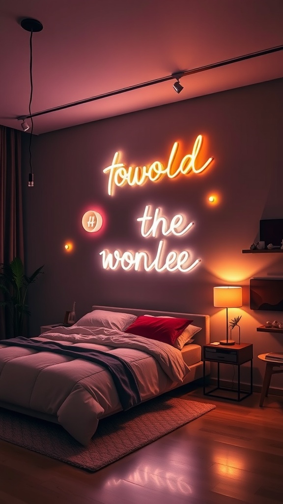 A bedroom featuring colorful LED wall art with neon letters above a bed, showcasing a cozy atmosphere.