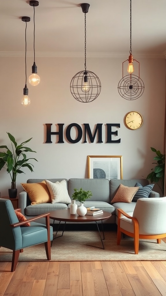 A cozy living room featuring creative light fixtures with various hanging styles, emphasizing a warm and inviting atmosphere.