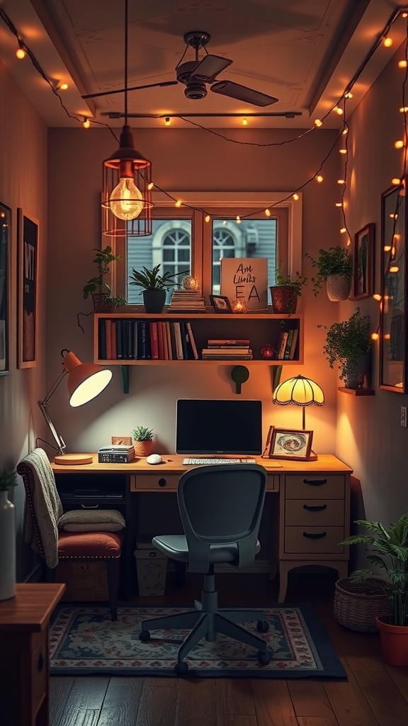 A cozy home office with warm lighting, decorated with plants and a stylish desk.