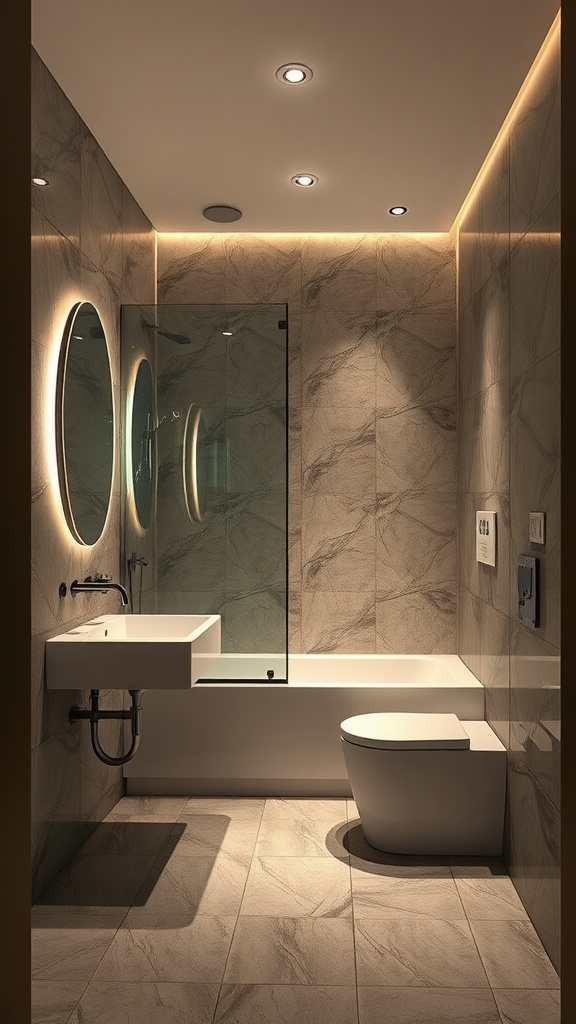 A modern bathroom featuring elegant lighting solutions with recessed lights and illuminated mirrors.