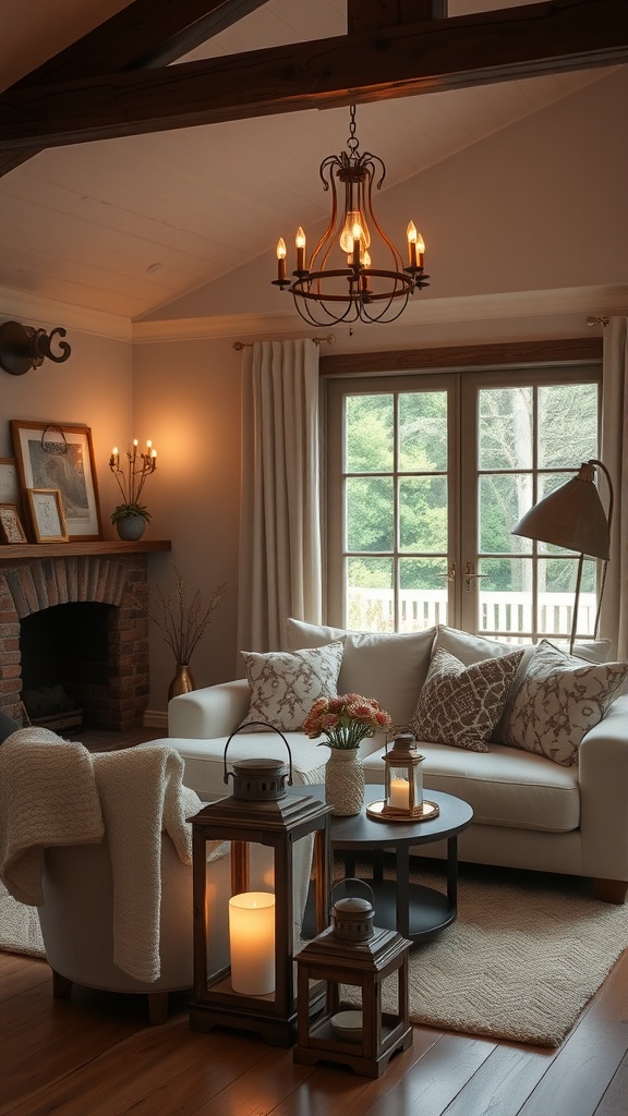 Cozy farmhouse living room with lanterns and a chandelier
