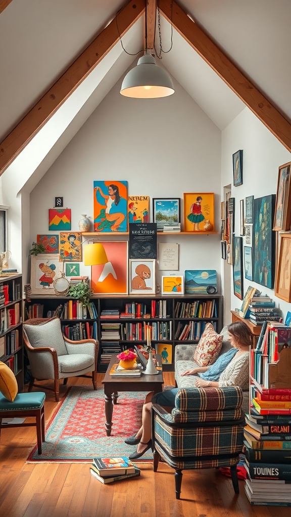 A cozy reading nook with colorful artwork, bookshelves, and comfortable seating