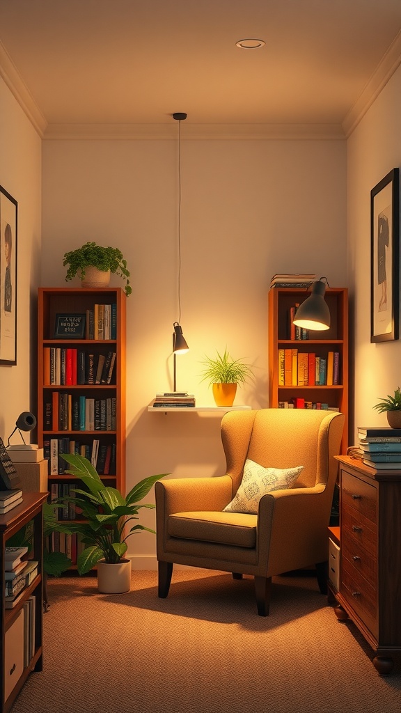 Cozy office nook with an armchair, bookshelves, and plants