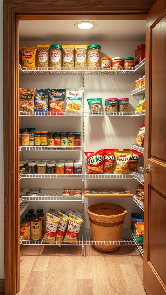 A well-organized pantry filled with jars, spices, and snacks on wire shelves.