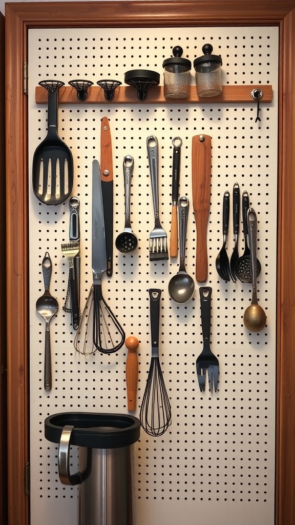 A pegboard on a pantry door displaying various kitchen utensils and containers.