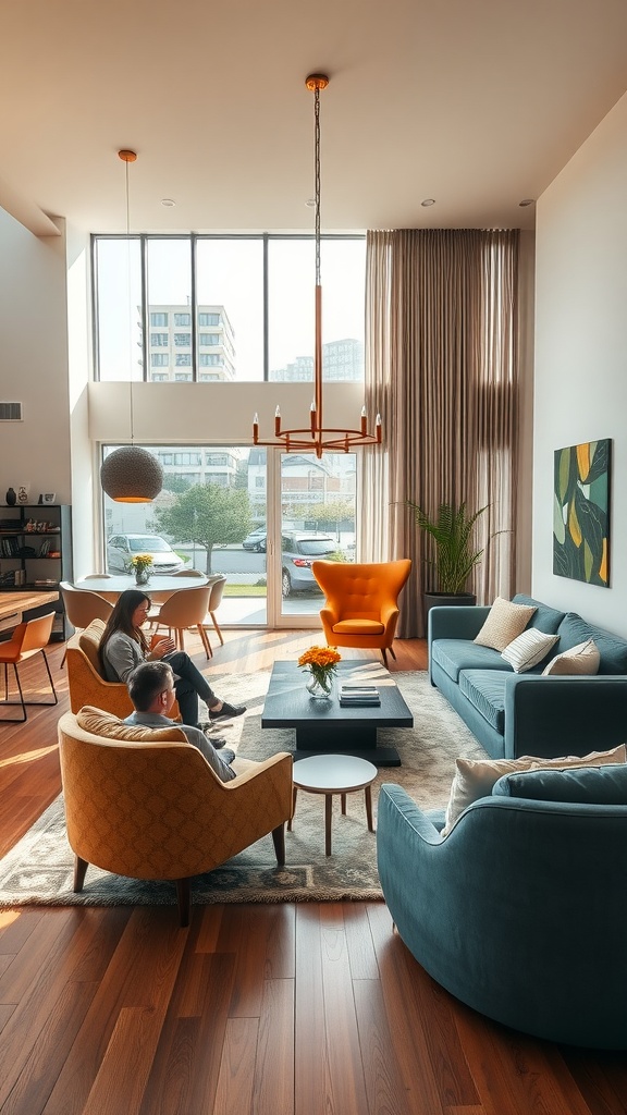 A cozy living room-dining room combo featuring a bright orange chair, two armchairs, a sofa, and a central coffee table, designed for comfort and conversation.