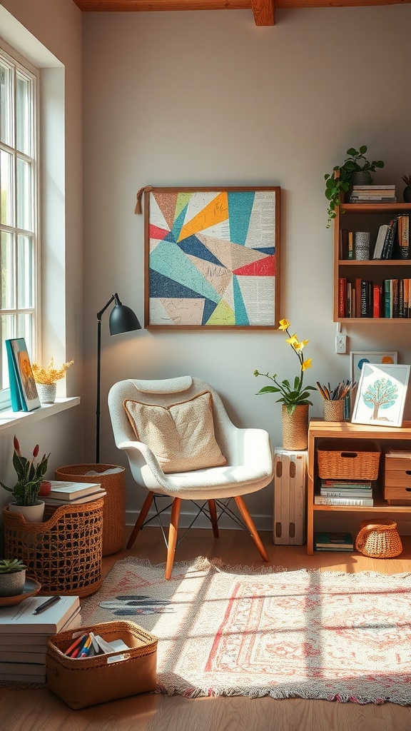 A cozy reading nook with a chair, colorful wall art, and organized art supplies.