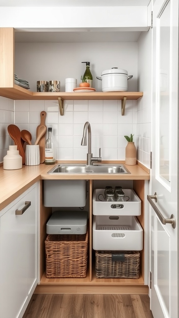 Organized under-sink storage with baskets and bins in a small kitchen.