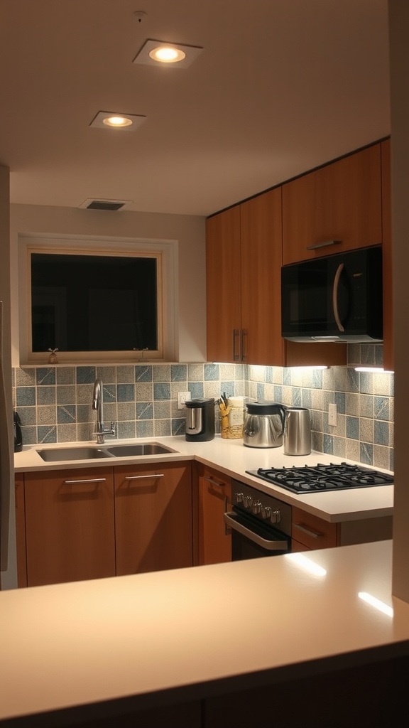 A small kitchen with under-cabinet lighting, showcasing a modern design with blue tiled backsplash.