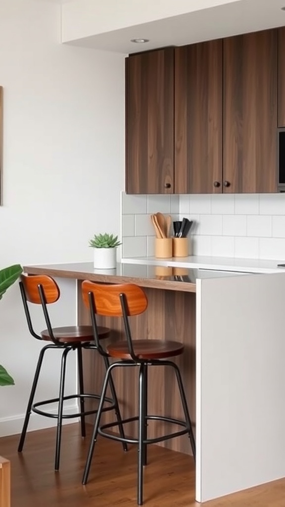 Stylish bar stools at a compact kitchen counter with modern cabinetry.