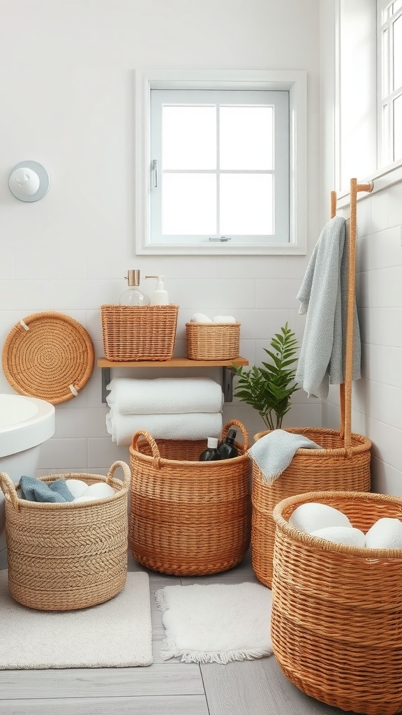 A beautifully organized bathroom featuring various wicker baskets for storage, showcasing a warm and inviting atmosphere.