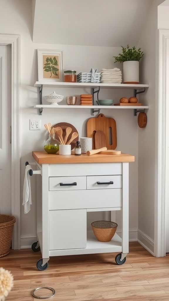 A small kitchen cart with wooden top and storage, featuring utensils and decorative items.