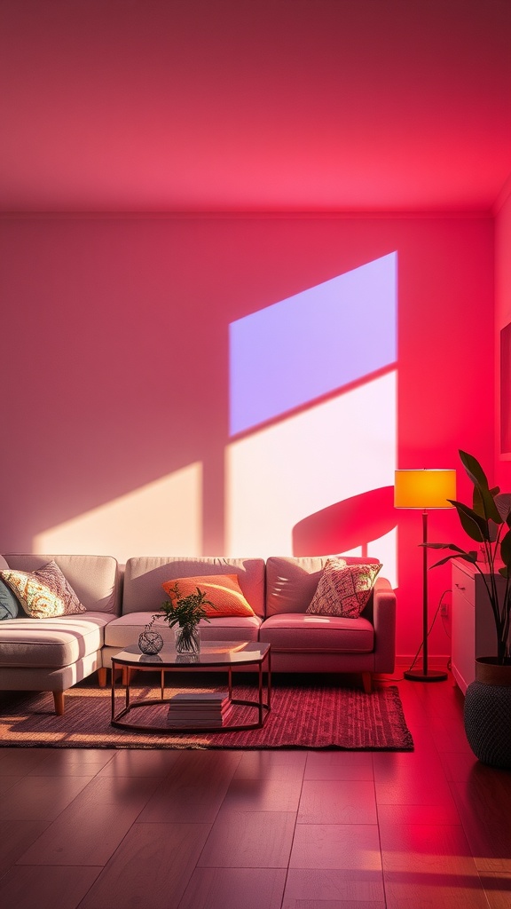 Living room with color-filtered lighting casting warm hues on the walls and furniture