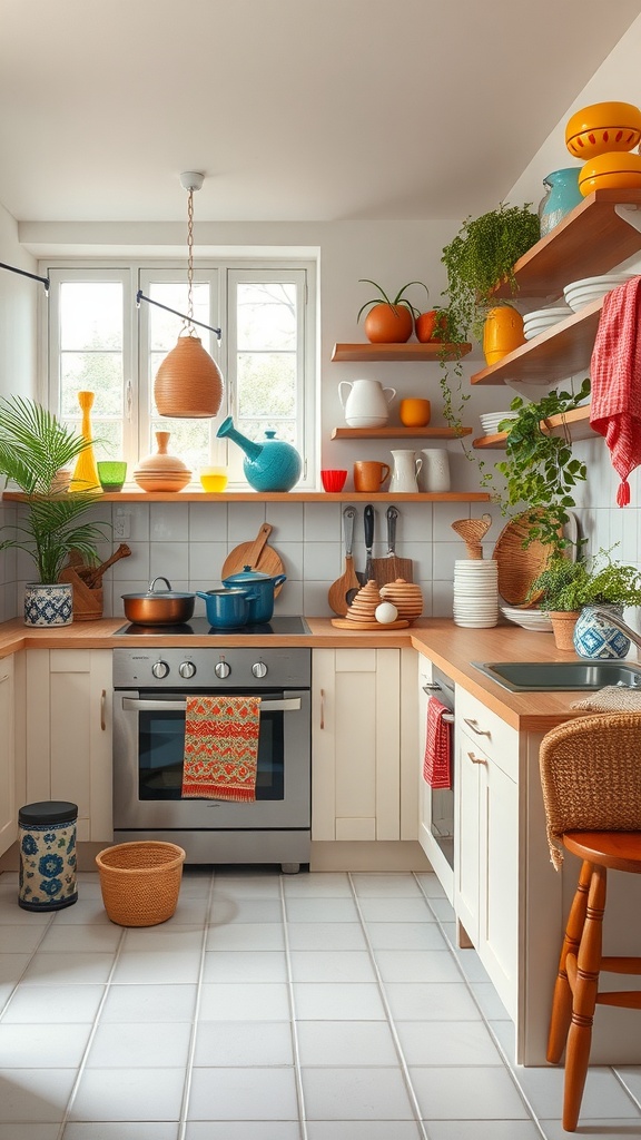 A bright and colorful kitchen with various decor items in shades of yellow, red, and blue, featuring plants and natural wood accents.