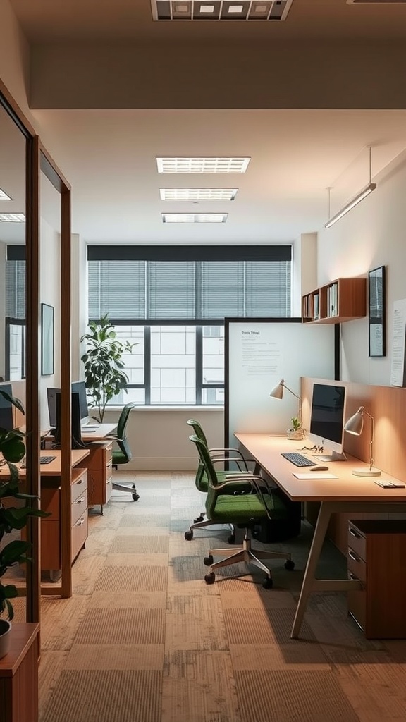 A modern office with wooden dividers creating separate workspaces, featuring green chairs, computers, and plants.