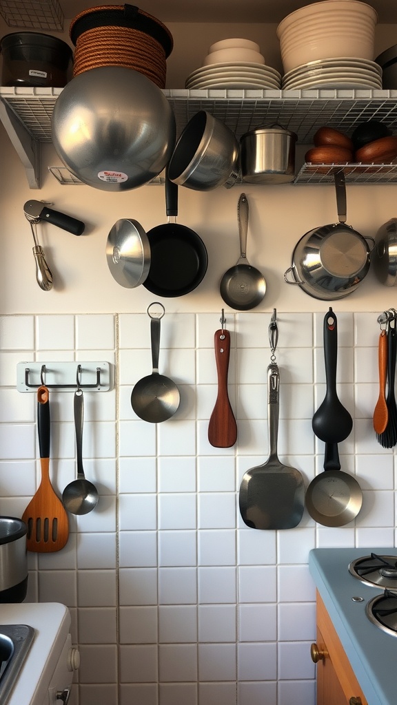 A small kitchen with pots and utensils hanging on hooks and racks, maximizing space.
