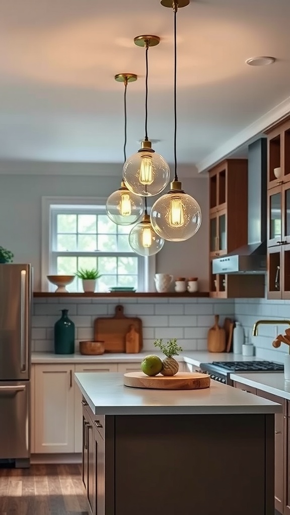 A stylish small kitchen featuring creative pendant lighting fixtures above a central island.