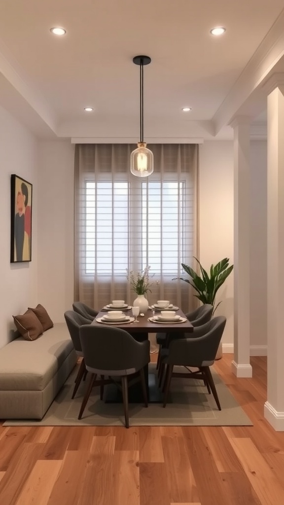 A modern dining area with a wooden table and stylish lighting in a small living room.