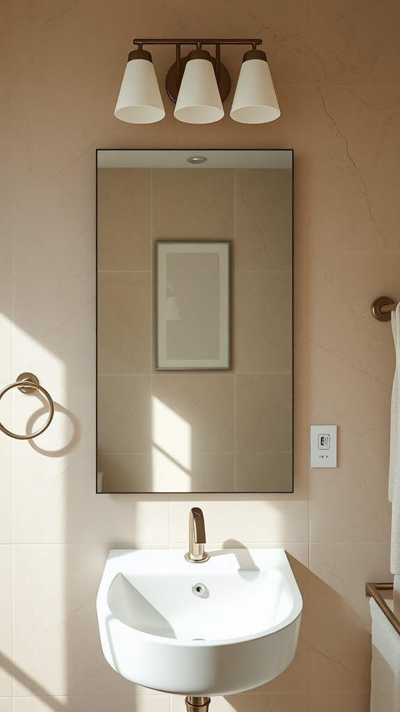 A modern bathroom featuring a rectangular mirror above a white sink with sleek lighting.