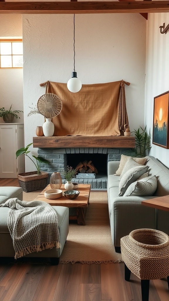 A cozy rustic farmhouse living room featuring a wooden mantel, soft fabrics, woven baskets, and natural decor.