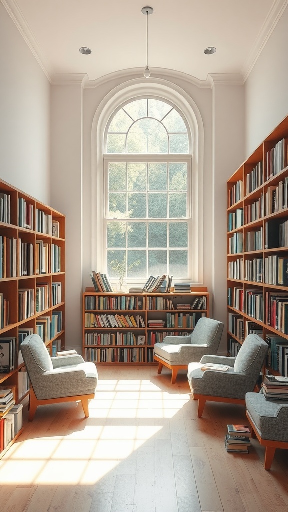 Bright home library with large window, bookshelves, and comfortable chairs