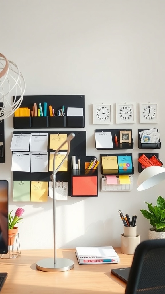 A small home office wall featuring organized storage, colorful sticky notes, and clocks.