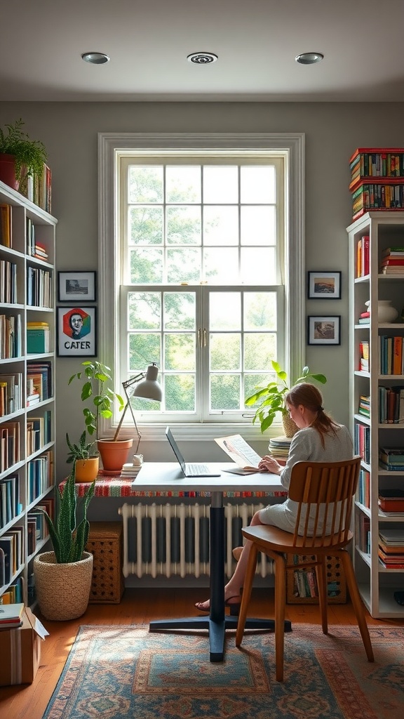 A cozy home library with a large window, a desk with a laptop, and bookshelves filled with colorful books.