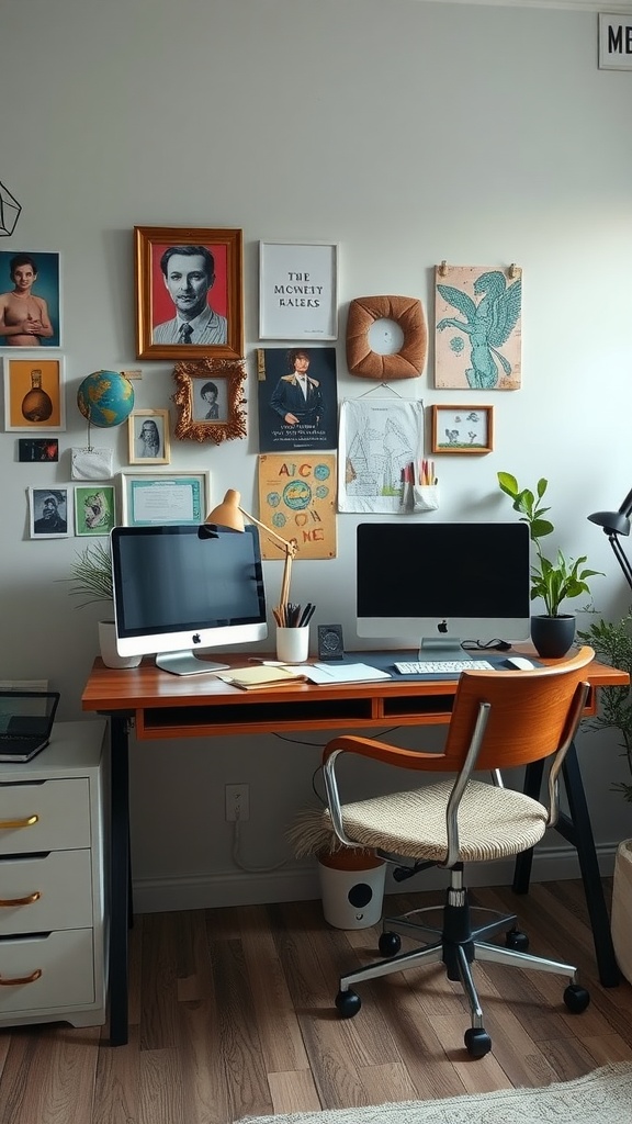 A stylish home office featuring a double desk with personal elements like framed photos and plants.