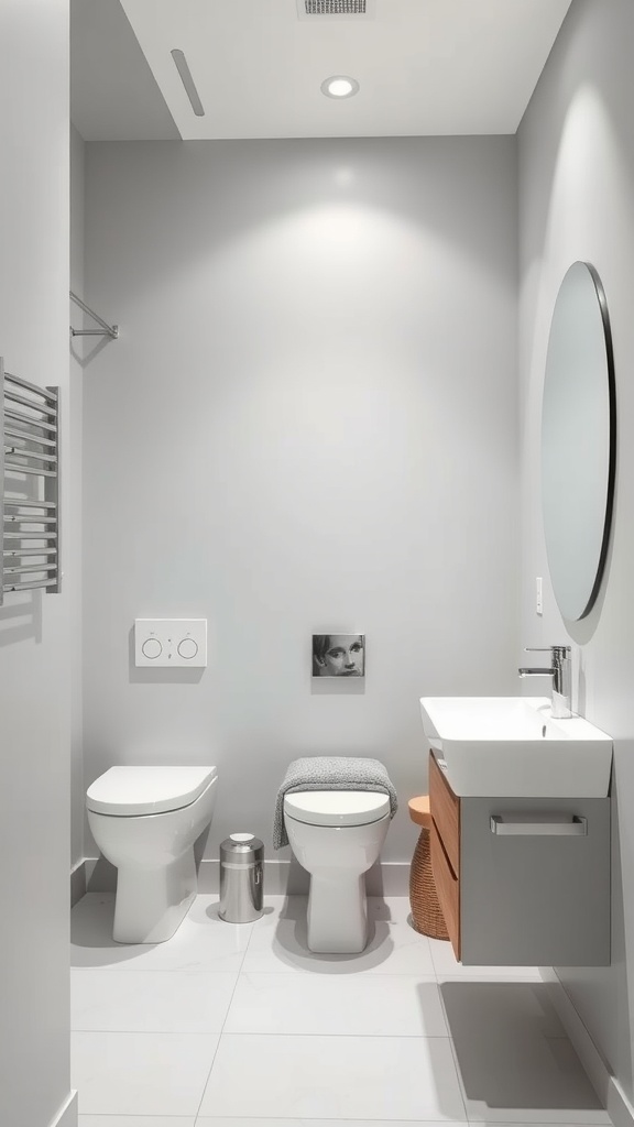 A small, contemporary bathroom with light grey walls, featuring a toilet, sink, round mirror, and wooden accents.