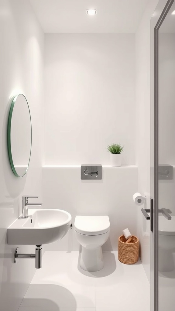 A small, modern bathroom painted in crisp white, featuring a sink, toilet, mirror, and a small plant.