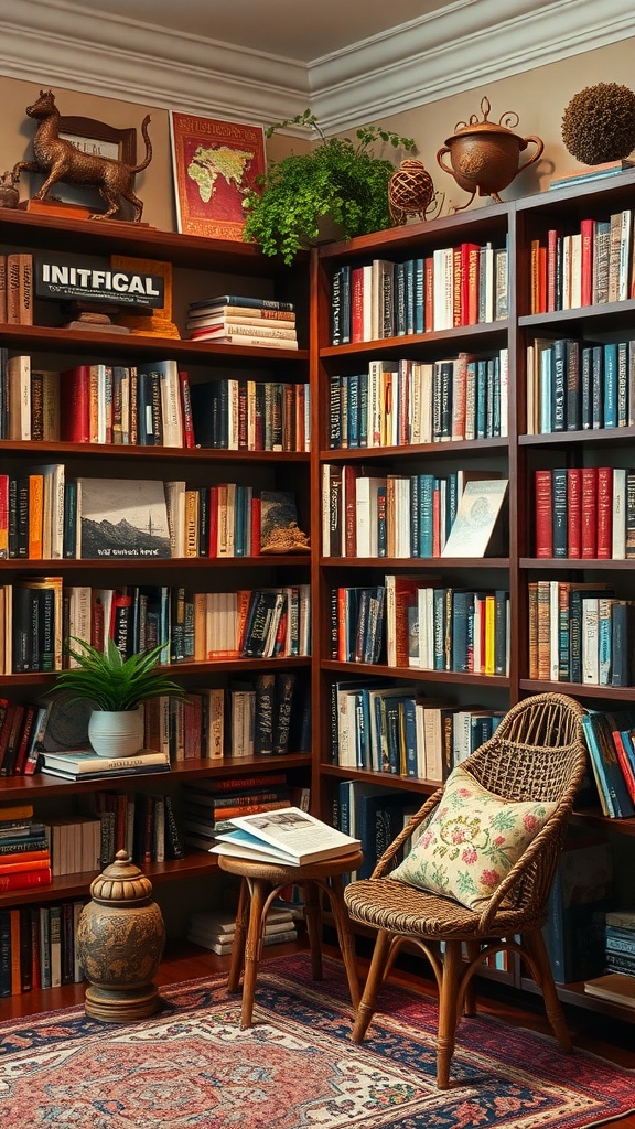 A cozy corner library with wooden shelves filled with colorful books, a comfy chair, and decorative plants.