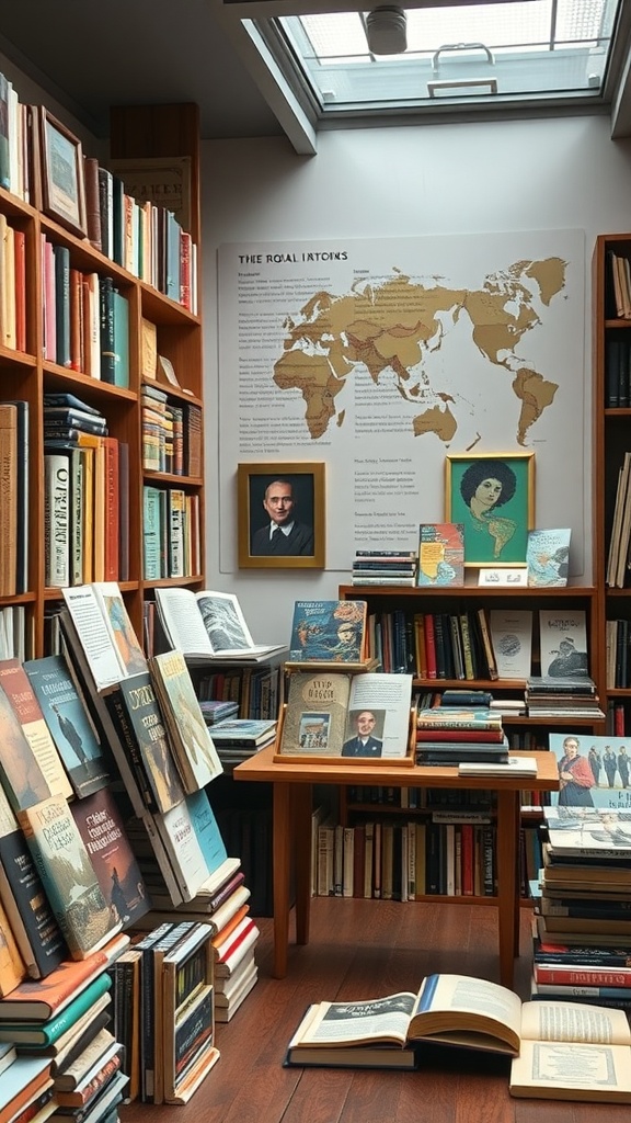 A warm and inviting reading corner featuring bookshelves filled with various books, a world map on the wall, and notable figures displayed.