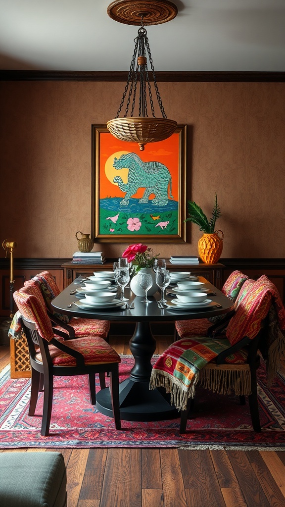 Chic dining room with cultural fusion decor featuring colorful artwork, elegant table setting, and patterned chair throws.