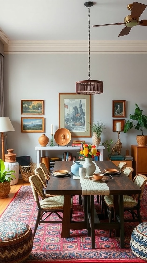 A cozy dining room setup with a wooden table, colorful decor, and cultural artwork on the walls.