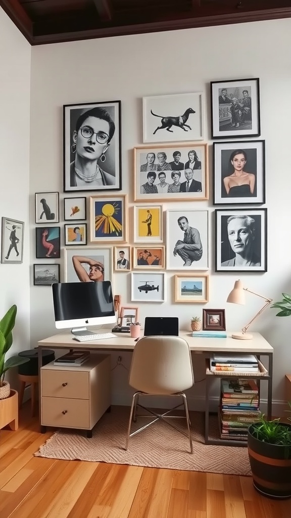 An office setup featuring a gallery wall filled with various framed artworks, a desk with a computer, and decorative plants.