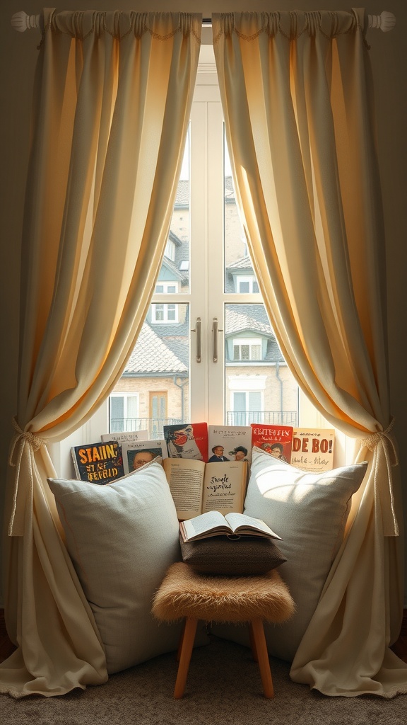 A cozy reading nook with curtains, cushions, and books, creating a perfect spot for kids to read.