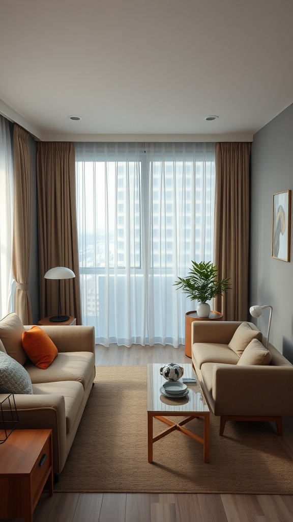 A cozy living room with light, sheer curtains and a dining table layout.