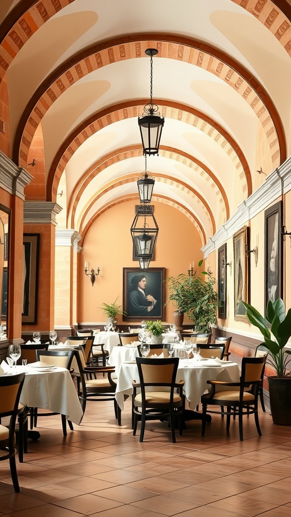 Luxurious Italian dining room showcasing curved arches, elegant lanterns, and art pieces.