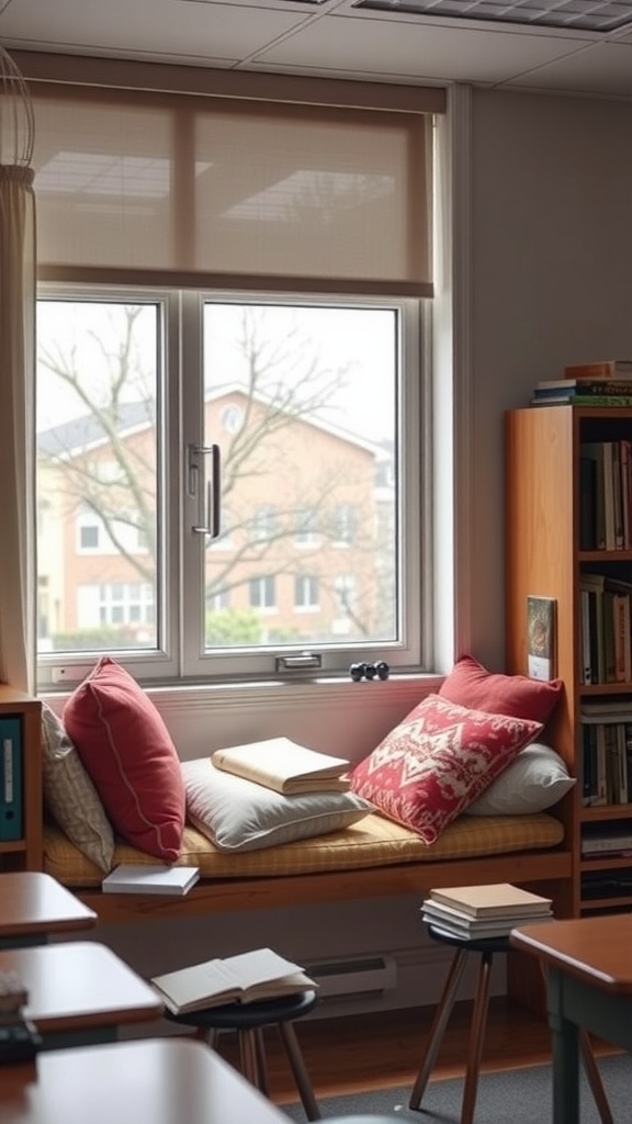 Cozy classroom window seat with cushions and books