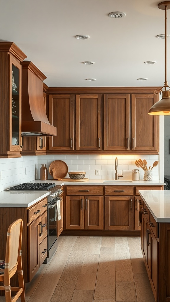 A modern kitchen featuring custom-built wooden cabinets with a warm finish, sleek countertops, and stylish hardware.