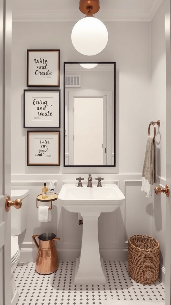 A bathroom featuring custom artwork, framed quotes, and a stylish light fixture.