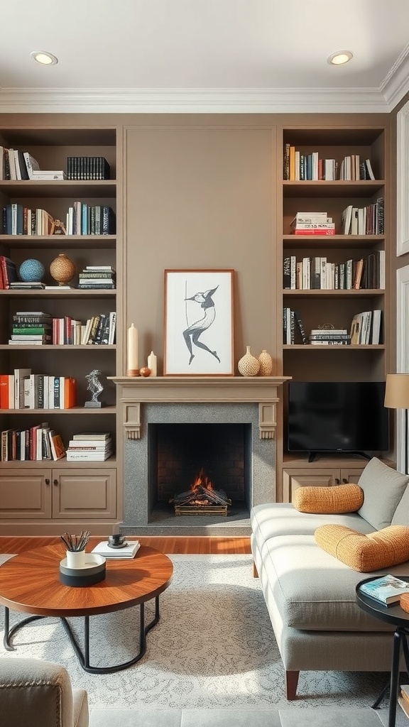 A cozy reading nook featuring custom built-in bookshelves, a fireplace, and comfortable furniture.