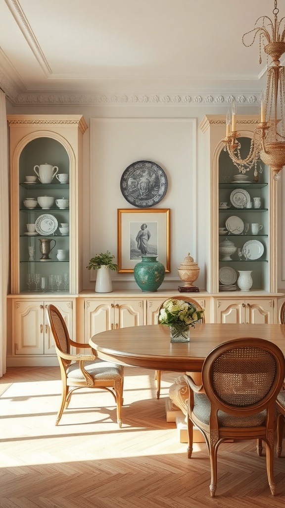 Luxurious Italian dining room featuring custom built-in cabinets displaying decorative items.