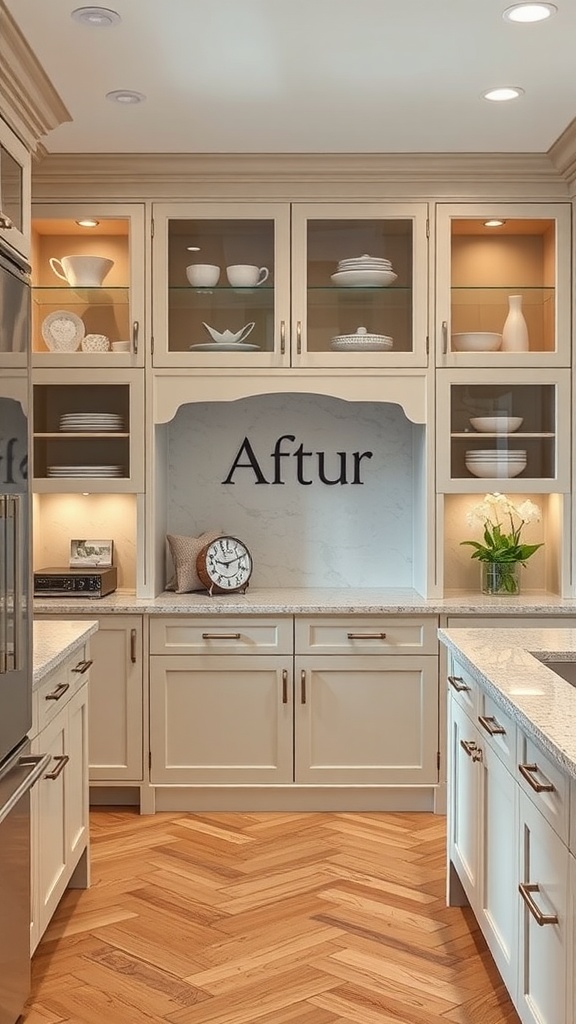 A custom kitchen with built-in cabinets featuring glass doors and a modern design.
