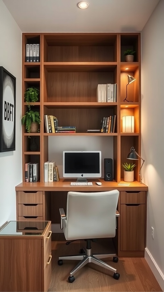 A modern tiny home office featuring custom built-in shelving units with a desk, computer, and decorative plants.