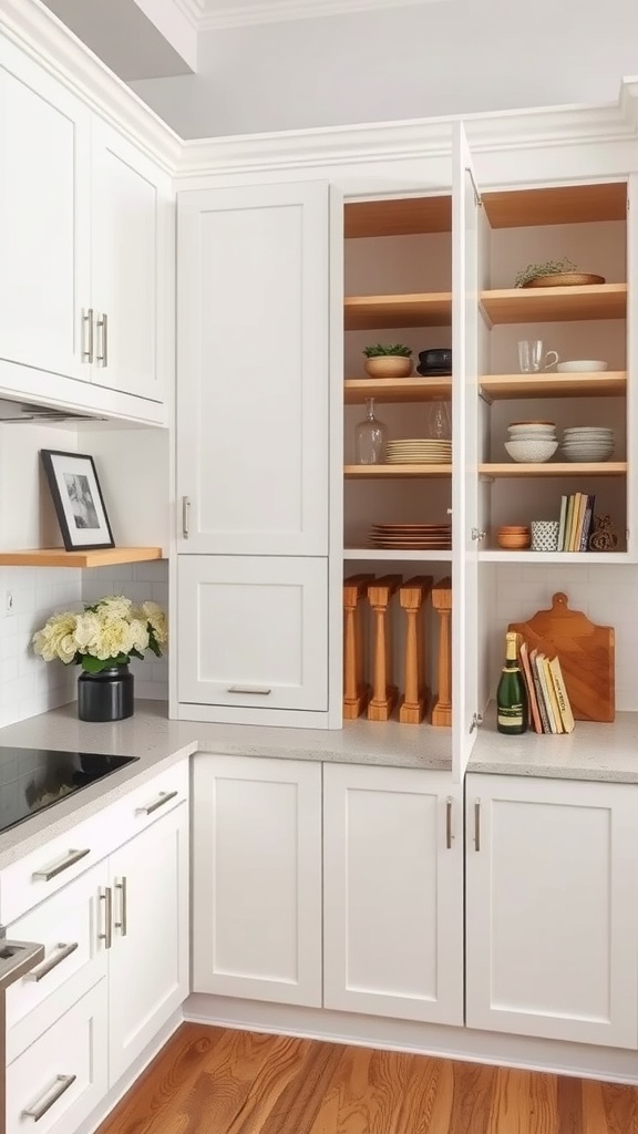 A modern kitchen with custom cabinet inserts showing organized shelves and decorative items
